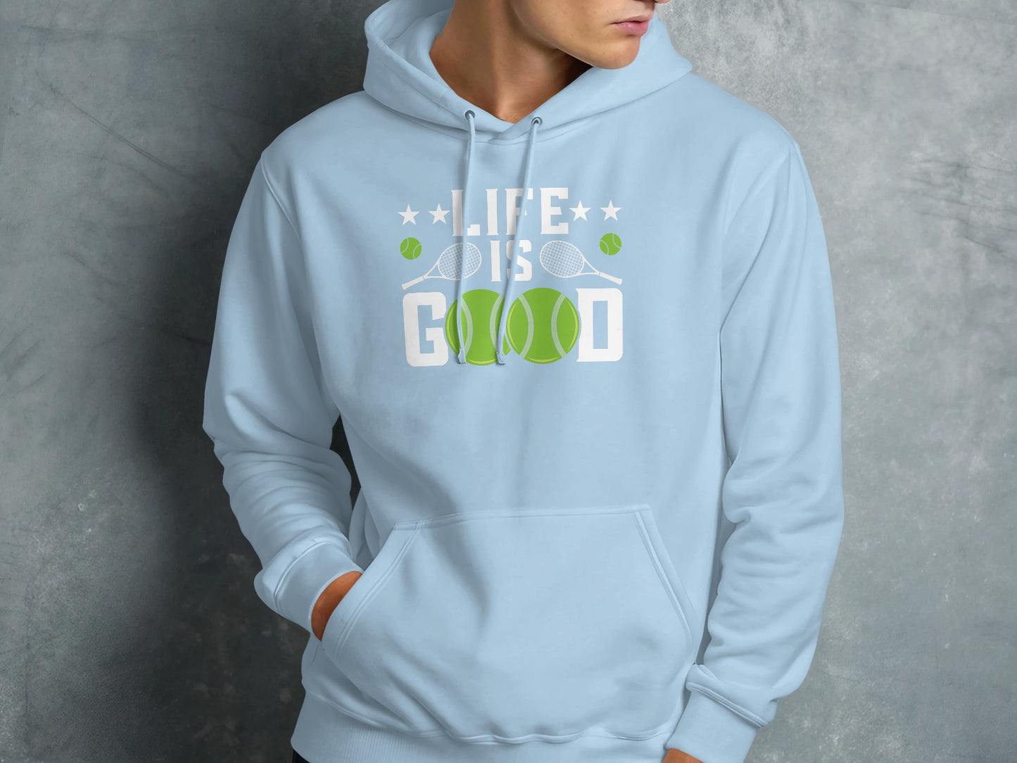 Light blue hoodie with "LIFE IS GOOD" and tennis graphics.