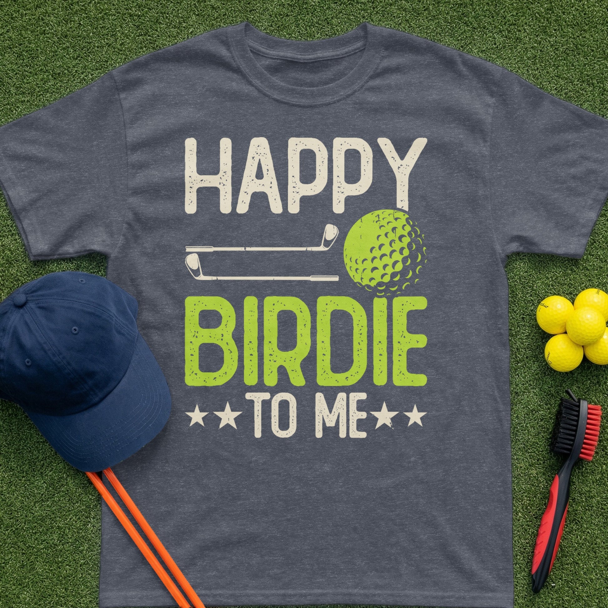 T-shirt with "Happy Birdie To Me" text and golf imagery.
