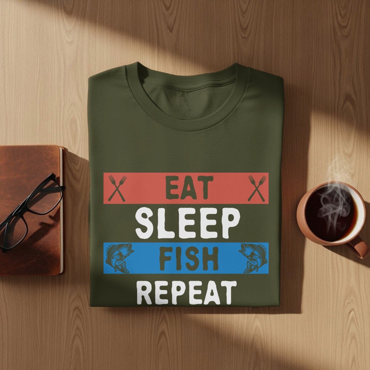 Green t-shirt with "Eat Sleep Fish Repeat" text and fishing graphics.