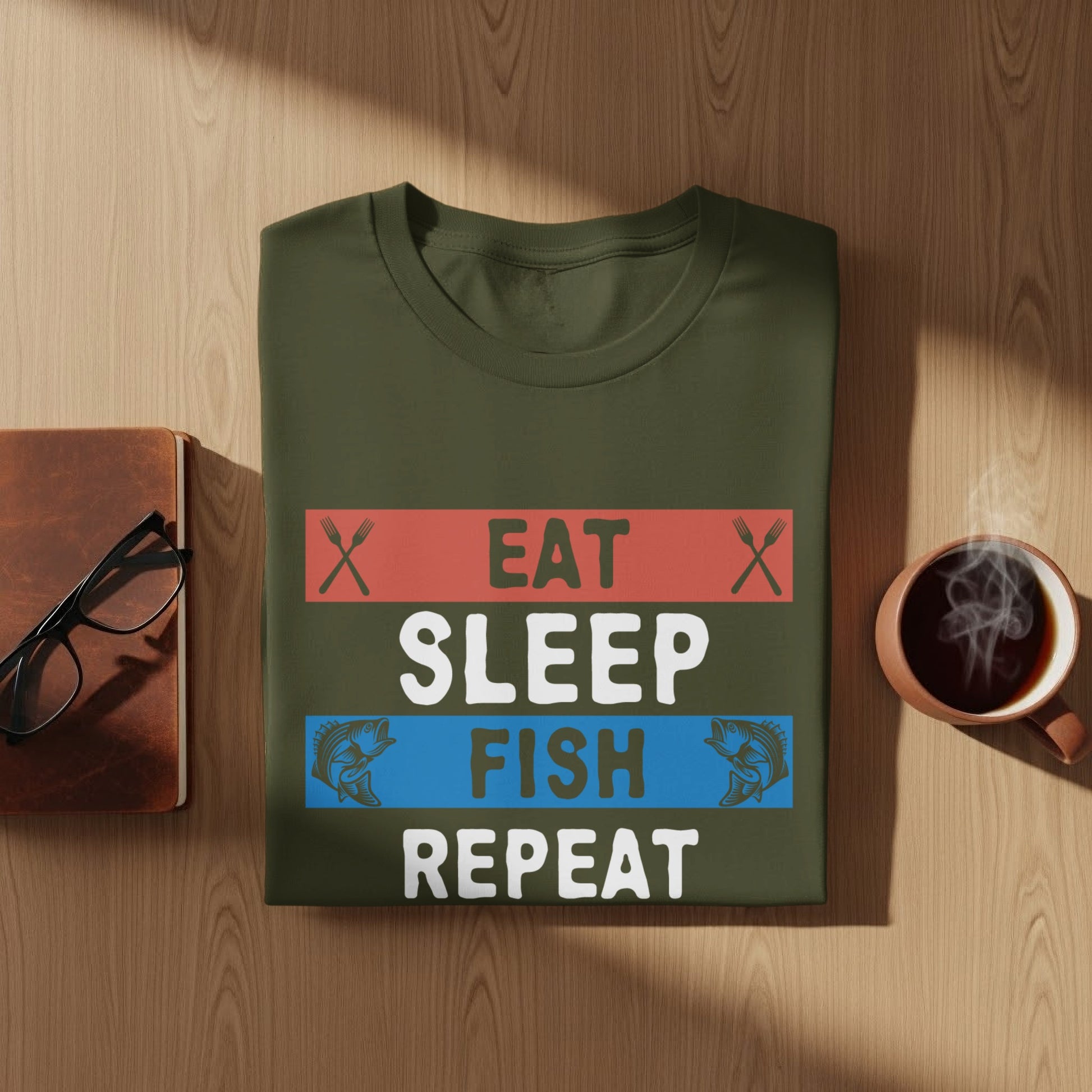 Green t-shirt with "Eat Sleep Fish Repeat" text and fishing graphics.