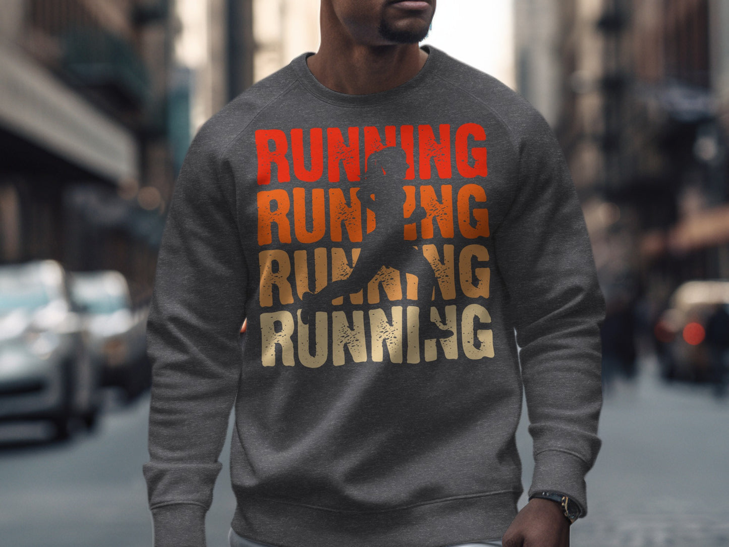 Gray sweatshirt with "RUNNING" text and running silhouette graphic.
