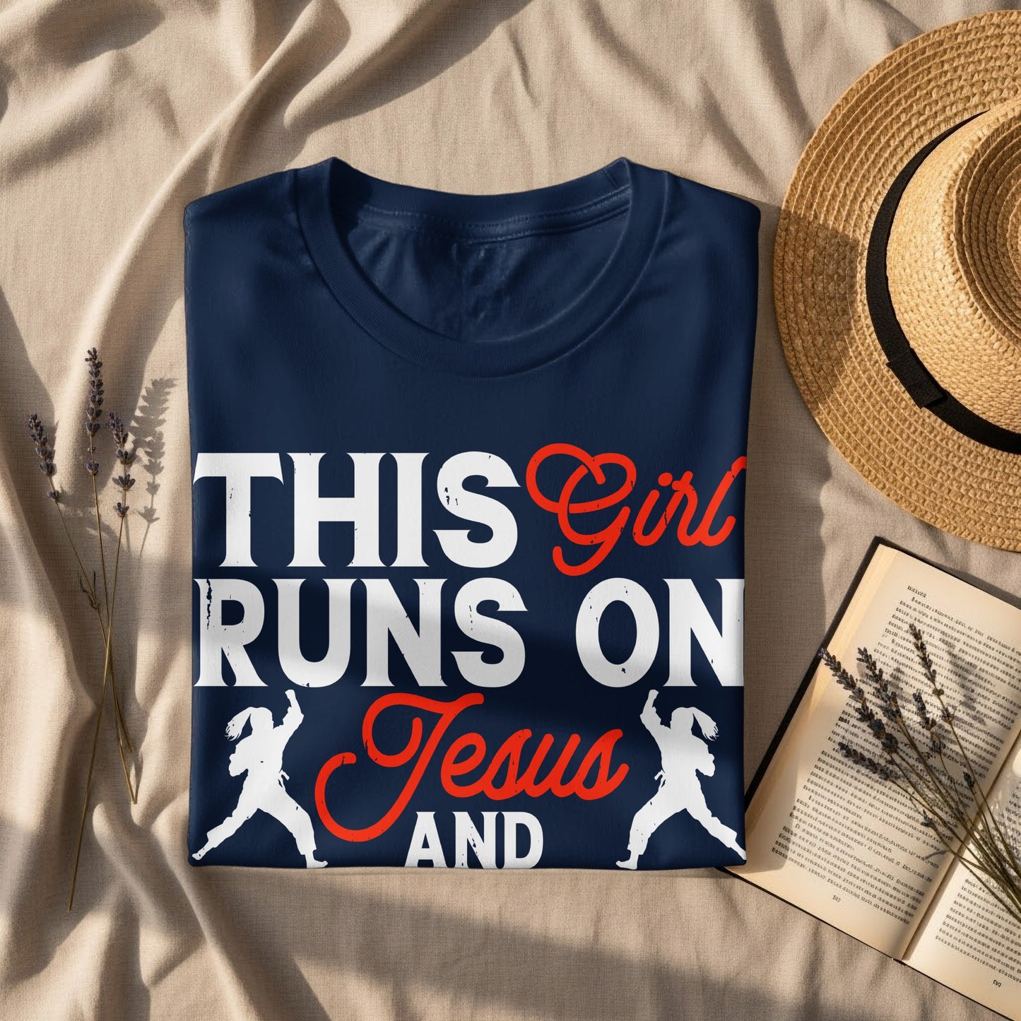 Navy t-shirt with "This Girl Runs On Jesus AND" text, featuring baseball player graphics.