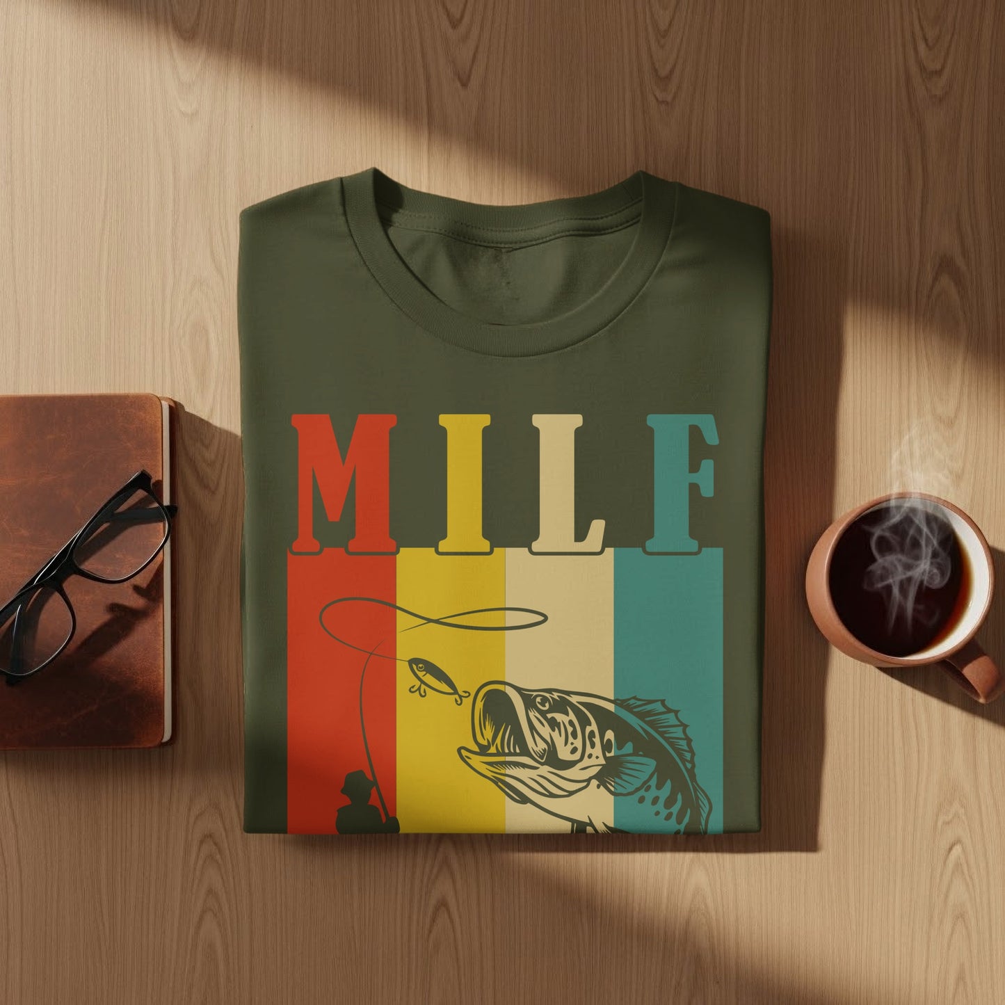 Green t-shirt with "MILF" and a bass fishing graphic.