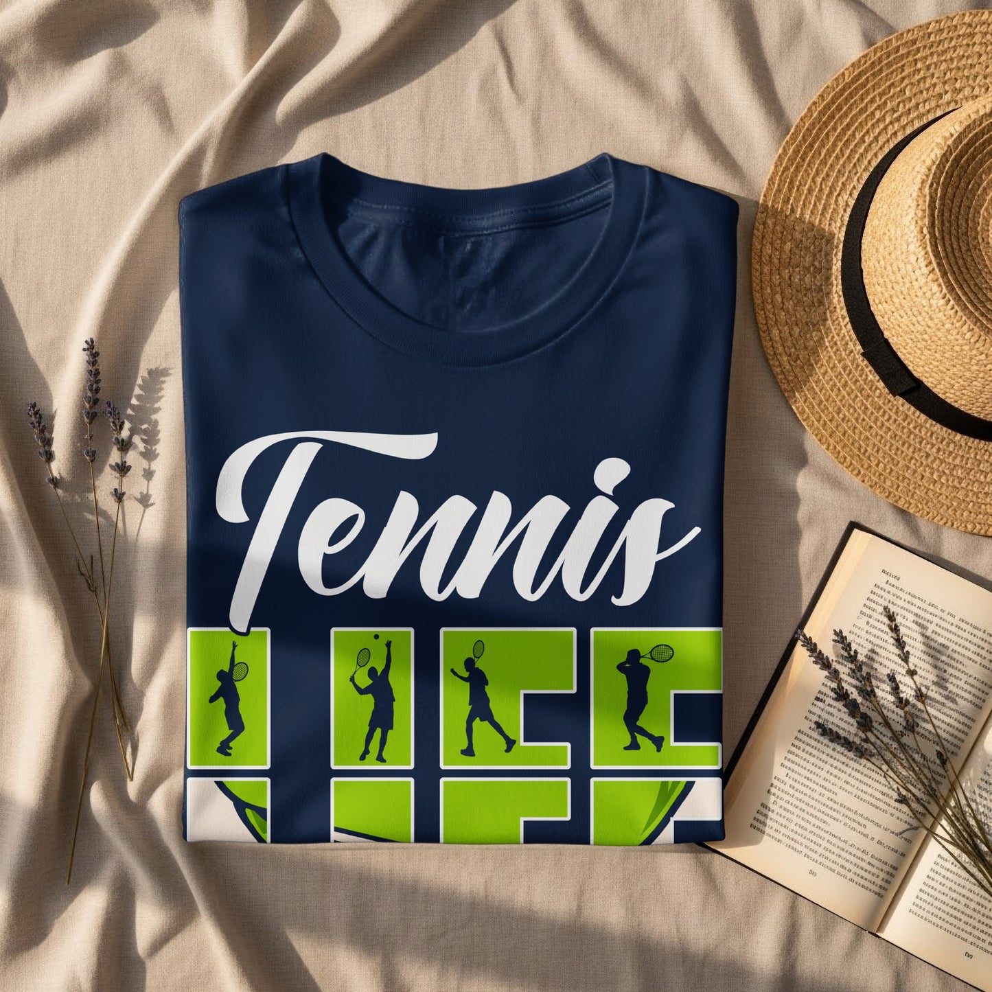 Navy t-shirt with "Tennis Life" graphic and stylized tennis player silhouettes.