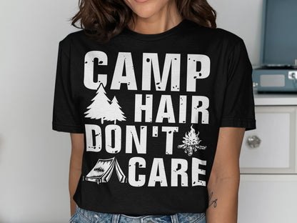 Black t-shirt with "CAMP HAIR DON'T CARE" text and camping graphics.