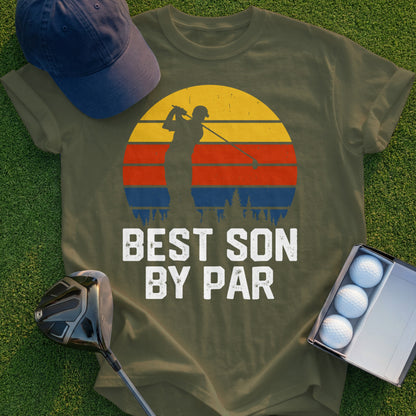 Green t-shirt with "BEST SON BY PAR" text and a golfer at sunset graphic.