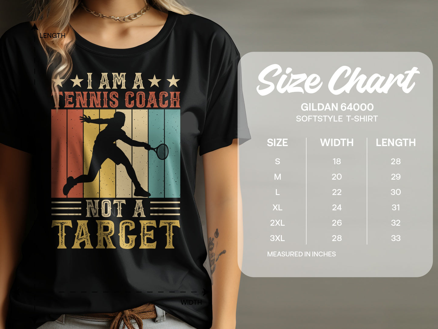 T-shirt with tennis coach graphic and size chart for Gildan 64000 shirt.