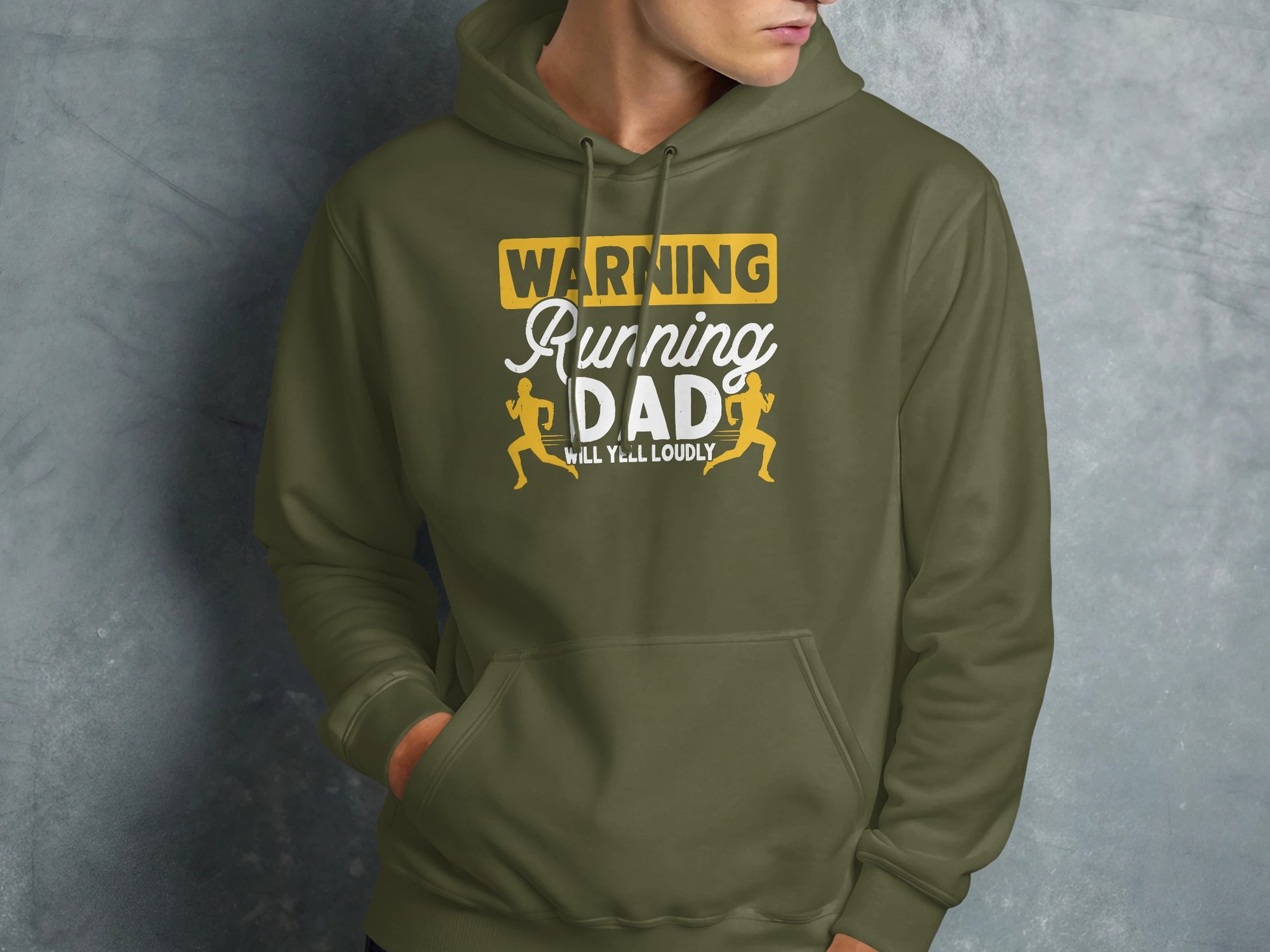 Olive green hoodie with "Warning Running Dad Will Yell Loudly" text and runner graphics.