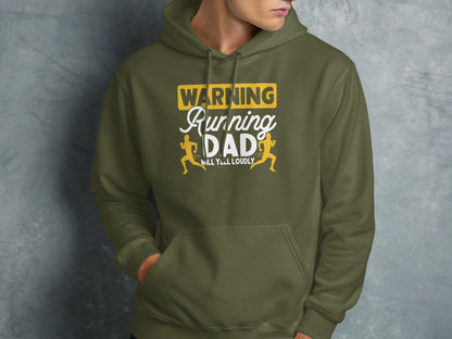 Olive green hoodie with "Warning Running Dad Will Yell Loudly" text and runner graphics.