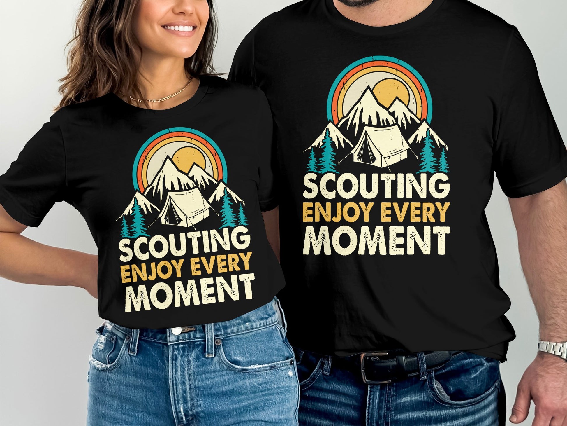 T-shirts with "Scouting Enjoy Every Moment" and mountain camp graphic.