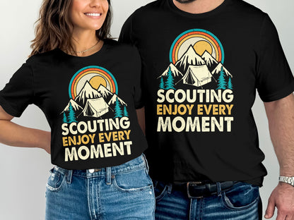 T-shirts with "Scouting Enjoy Every Moment" and mountain camp graphic.