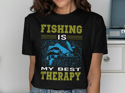 Black t-shirt with "FISHING IS MY BEST THERAPY" and a blue fish design.