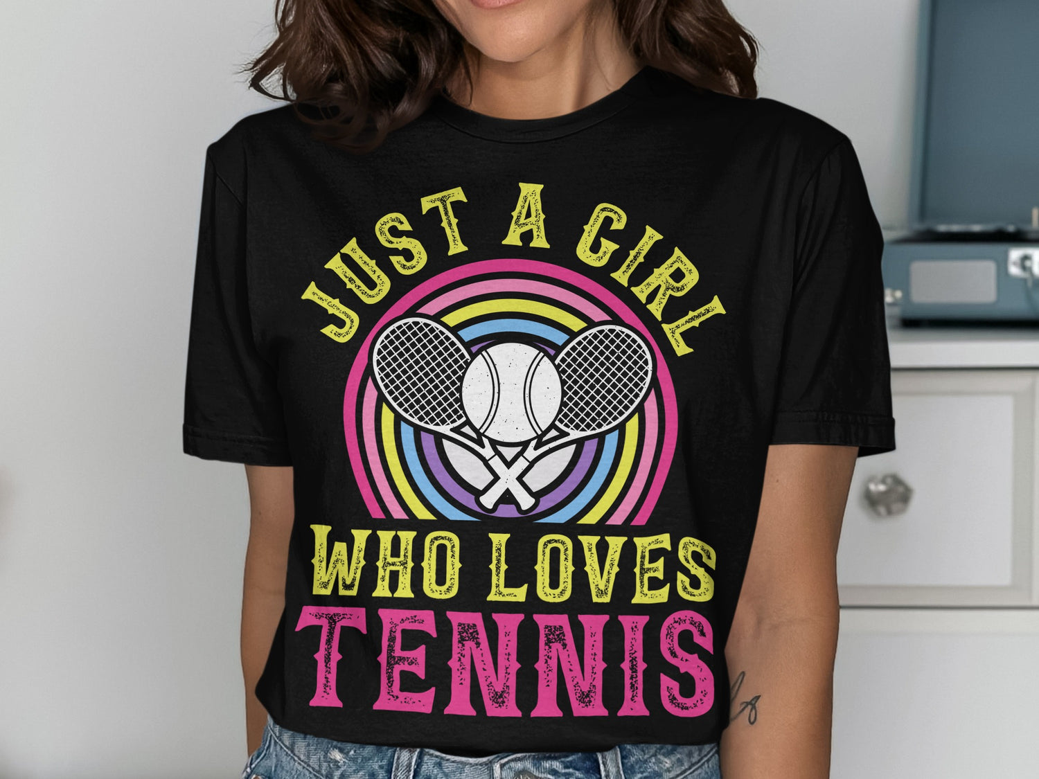 Just a girl who loves tennis, with tennis rackets and colorful concentric circles.