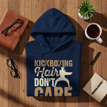 Navy hoodie with "Kickboxing Hair Don't Care" text and graphic.