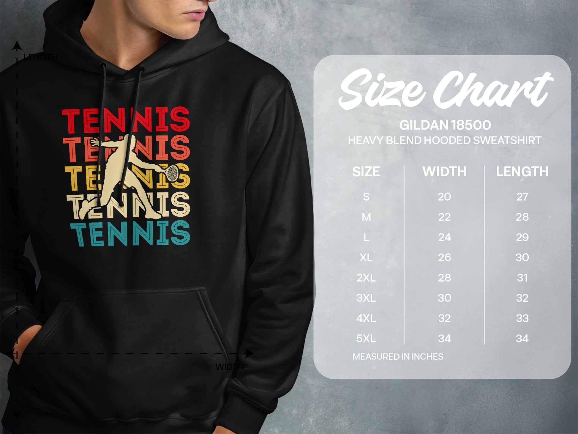 Size chart for Gildan 18500 hooded sweatshirt with measurements.