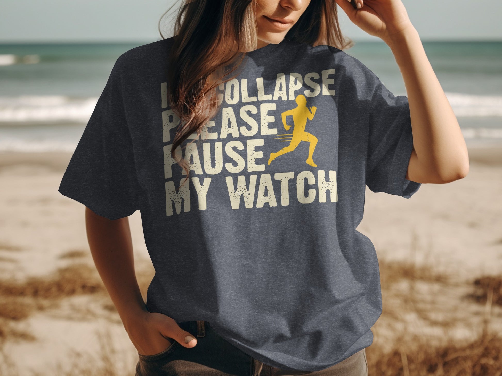 Dark t-shirt with text "I COLLAPSE PLEASE PAUSE MY WATCH" and running silhouette.