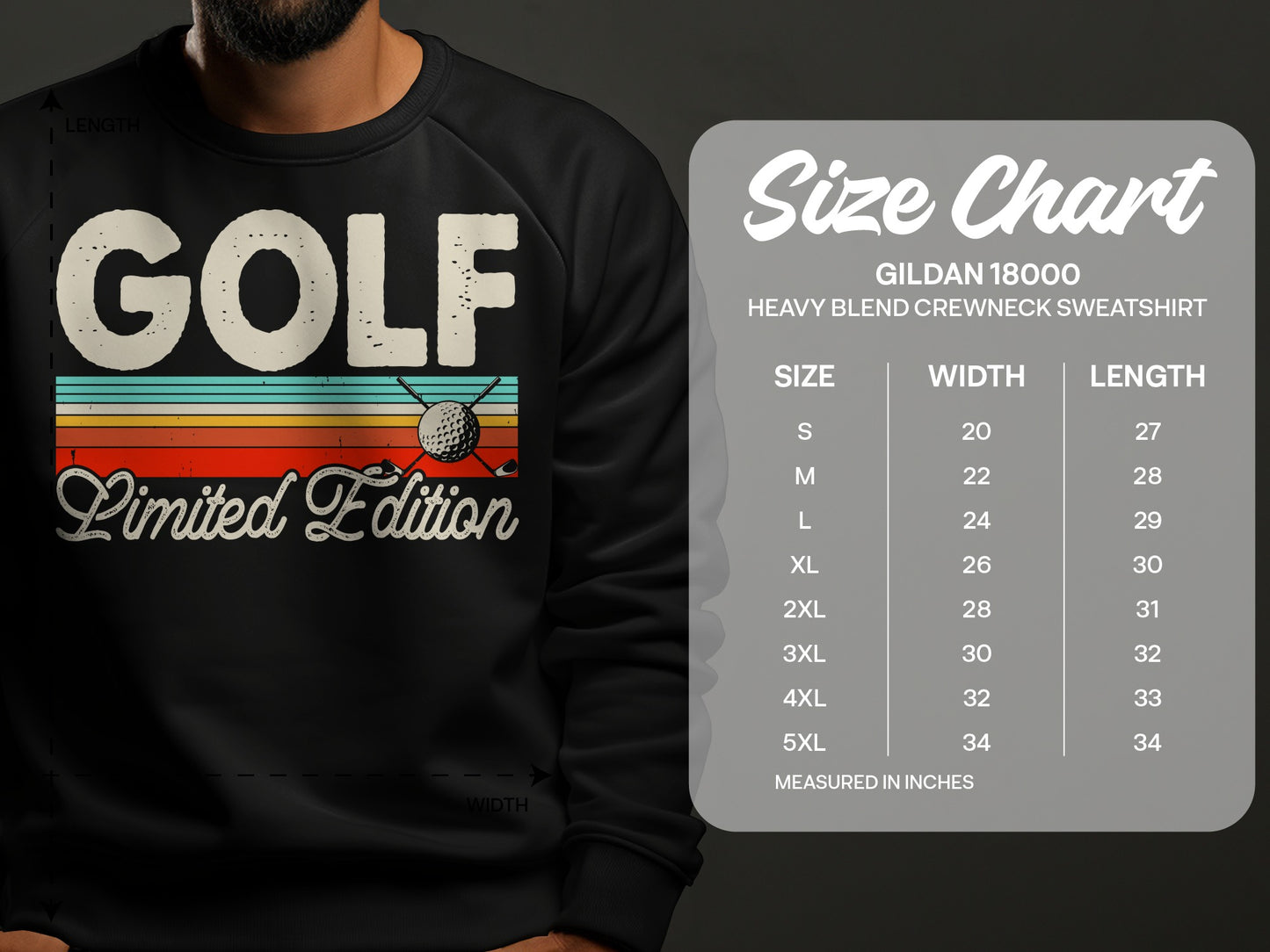 GOLF Limited Edition graphic on sweatshirt with Gildan 18000 size chart.