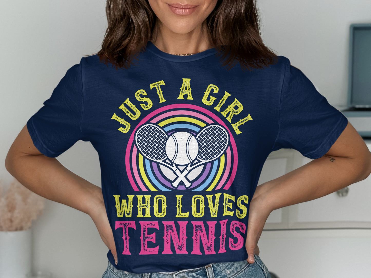 Navy t-shirt with "Just A Girl Who Loves Tennis" text and tennis rackets.