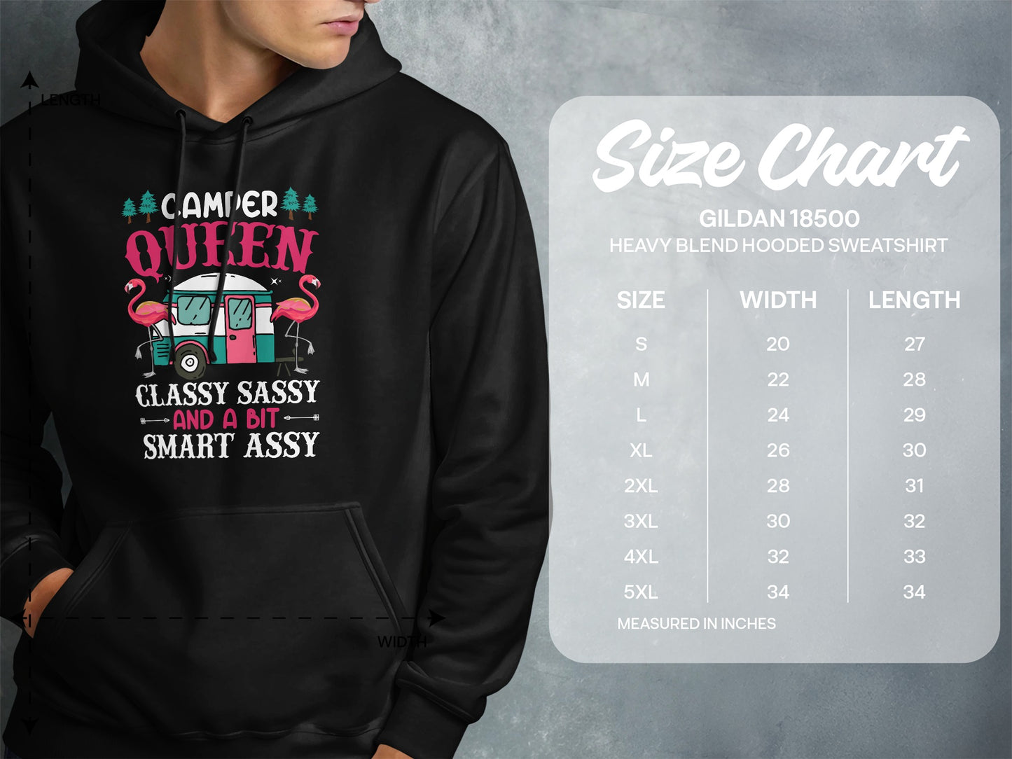 Hoodie with "Camper Queen" text and size chart.