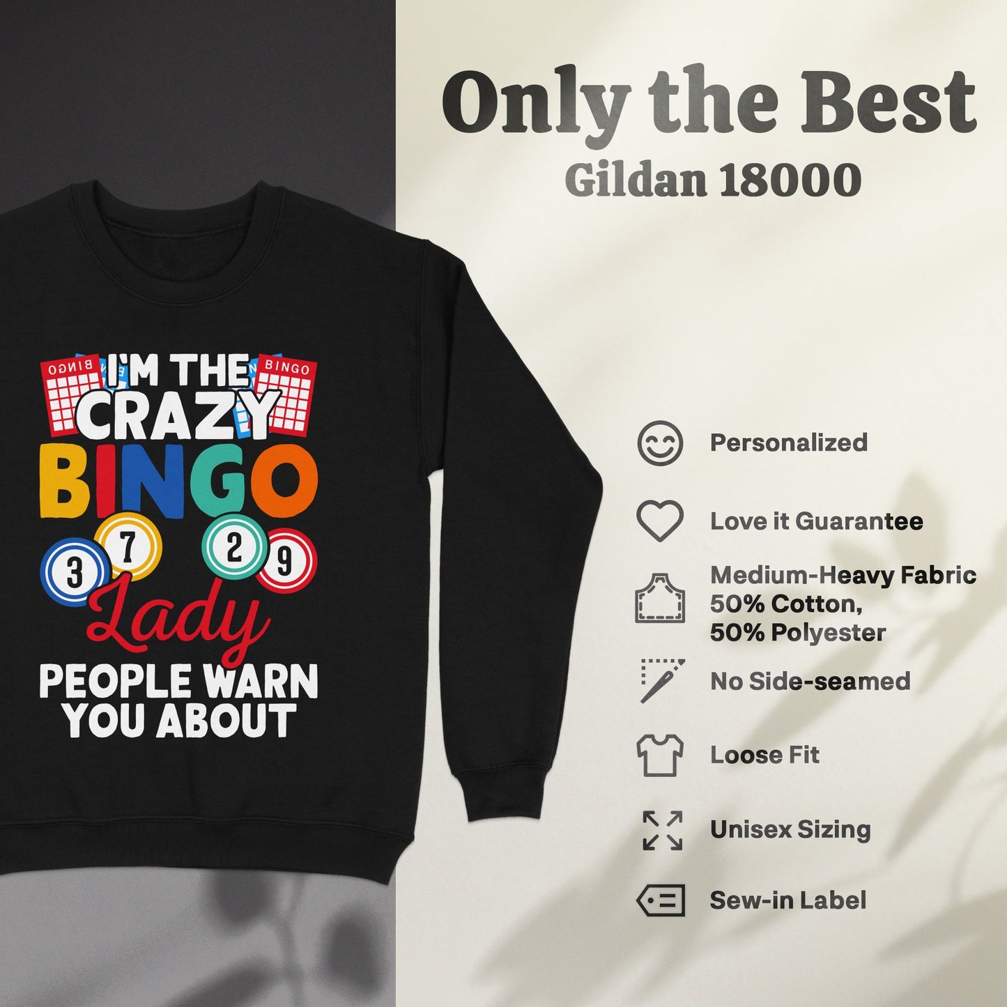 Black sweatshirt with "Crazy Bingo Lady" graphic and Gildan 18000 details.