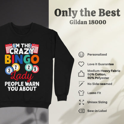 Black sweatshirt with "Crazy Bingo Lady" graphic and Gildan 18000 details.