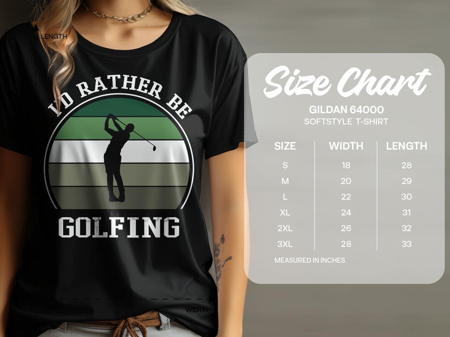 Black t-shirt with "I'd rather be golfing" graphic and size chart.