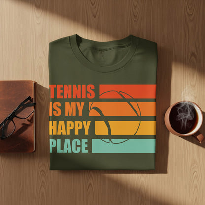 Olive green t-shirt with "TENNIS IS MY HAPPY PLACE" and colorful stripes.