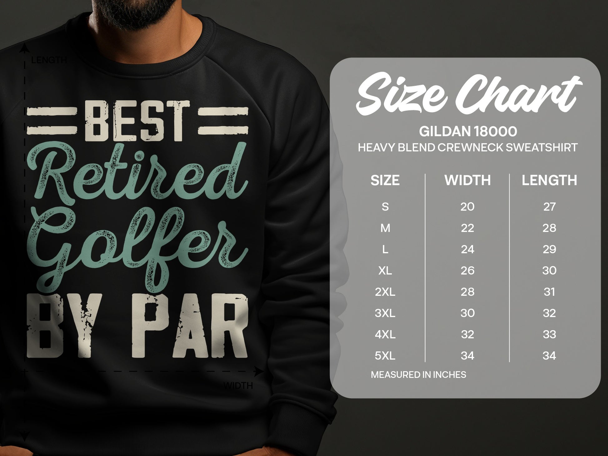 Sweatshirt with "Best Retired Golfer by Par" text and size chart.