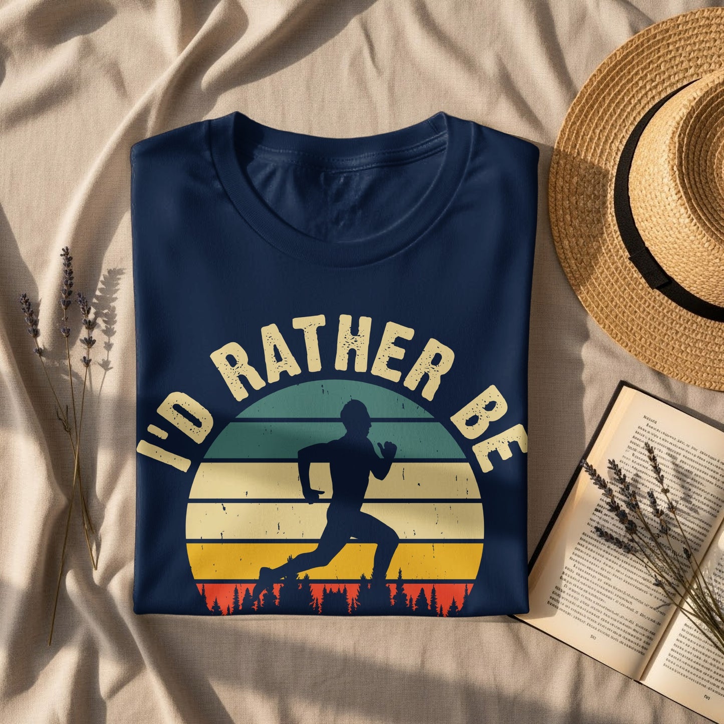 Dark navy t-shirt with "I'd Rather Be Running" text and runner silhouette.