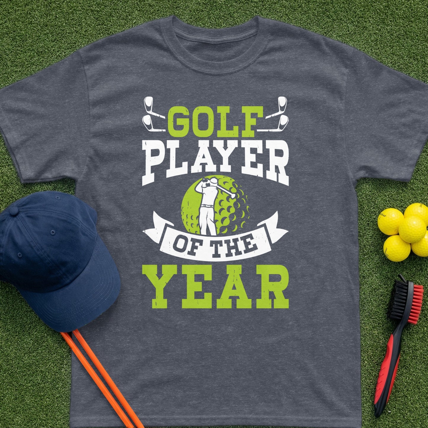 Golf Player Of The Year t-shirt with golf balls and hat.