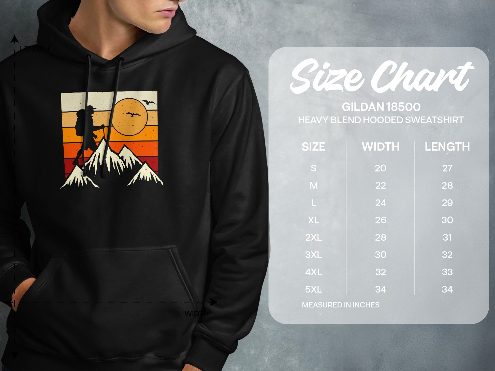 Gildan 18500 hooded sweatshirt size chart with measurements in inches.