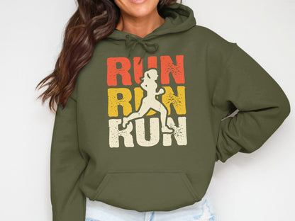 Green hoodie with "RUN" text and silhouette of a running woman.