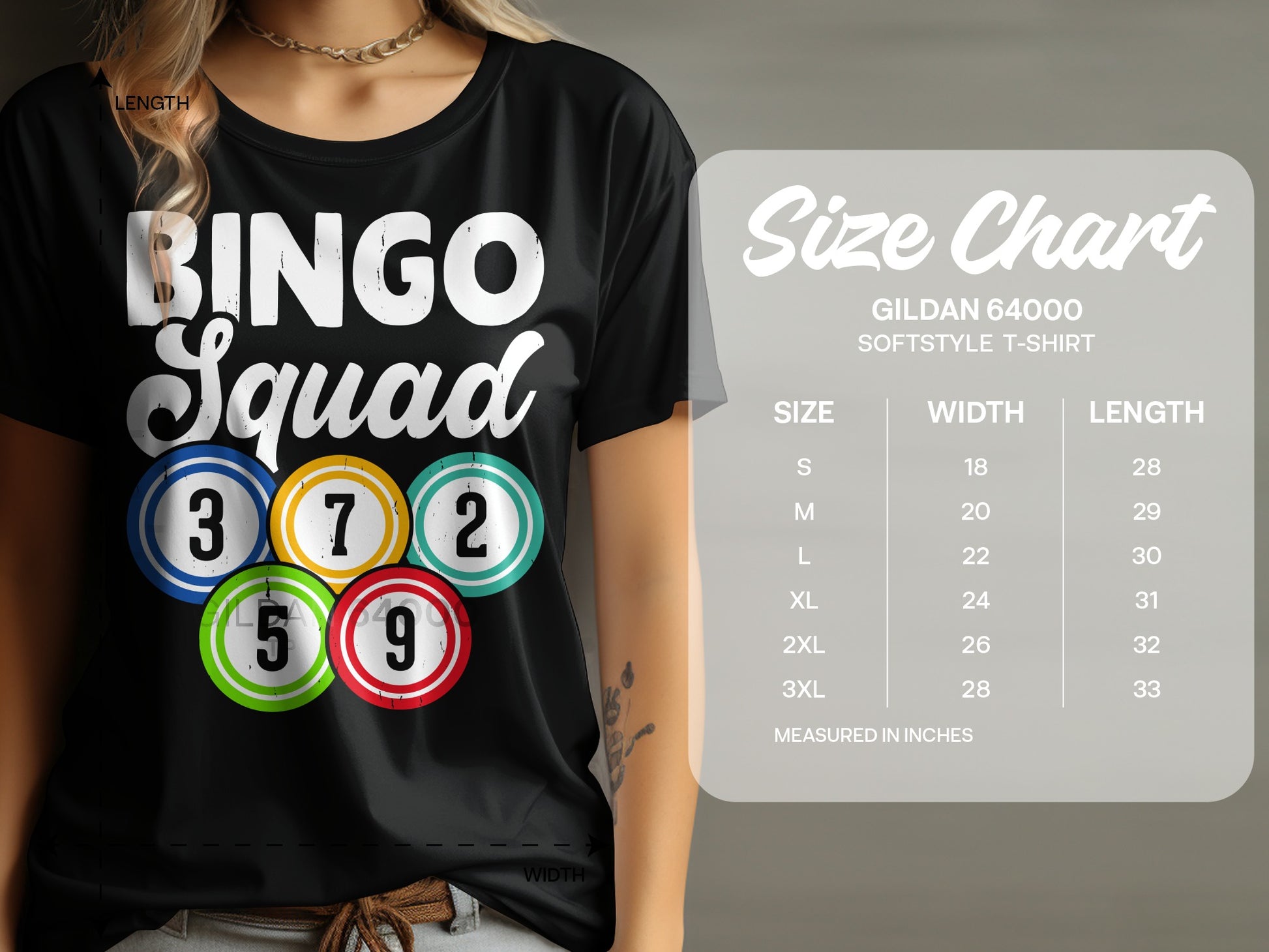 Black t-shirt with "BINGO Squad" and colorful bingo balls, with a size chart.