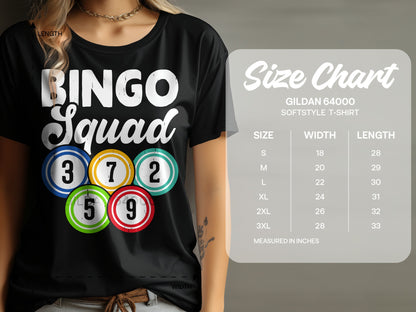 Black t-shirt with "BINGO Squad" and colorful bingo balls, with a size chart.