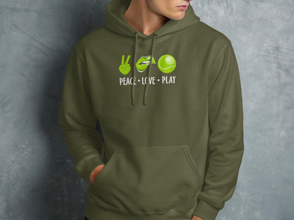 Green hoodie with "Peace Love Play" text and icons: peace sign, lips, tennis ball.