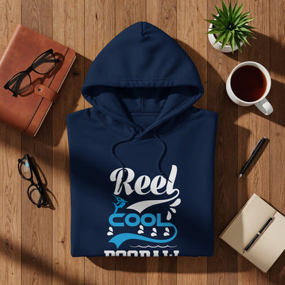 Navy blue hoodie with "Reel Cool" text and wave graphics.