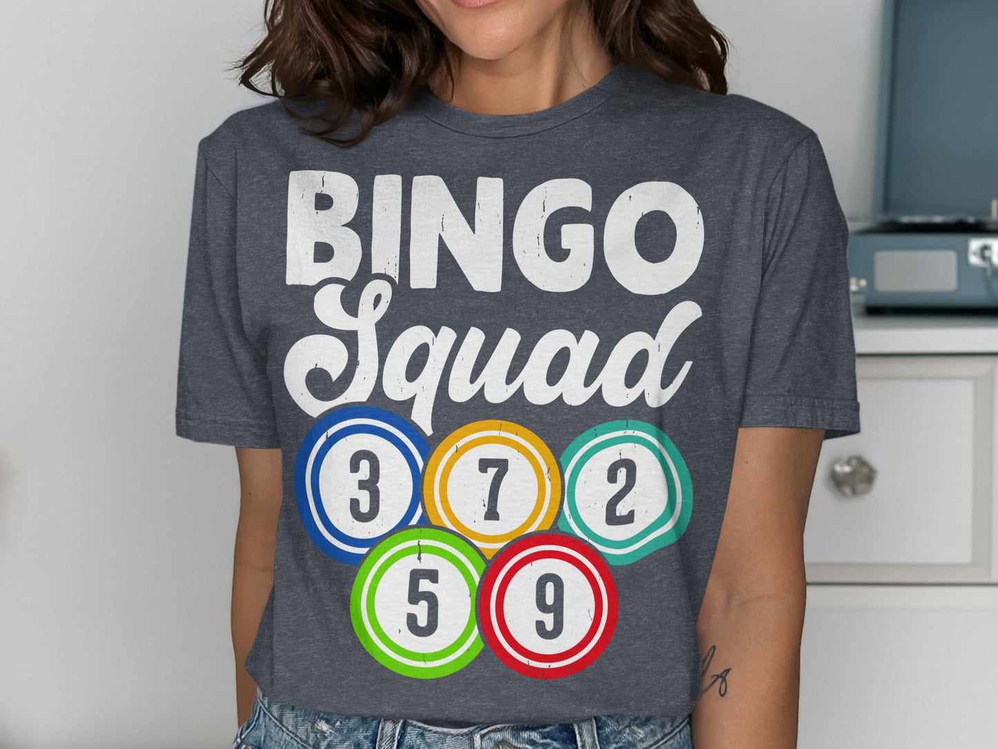 Charcoal t-shirt with "BINGO Squad" and colorful bingo balls.