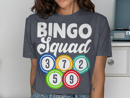 Charcoal t-shirt with "BINGO Squad" and colorful bingo balls.