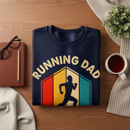 Navy sweatshirt with "Running Dad" graphic and colorful geometric background.