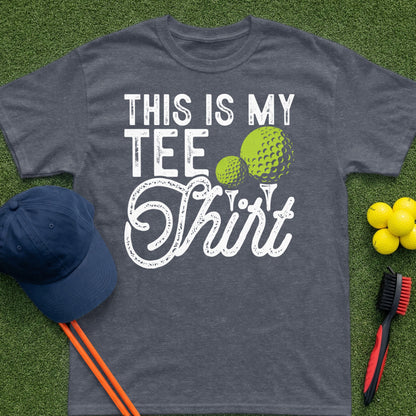 Dark t-shirt with "This Is My Tee Shirt" text and golf ball graphic.