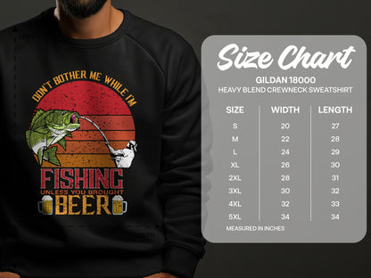 Fishing and beer graphic on Gildan 18000 sweatshirt size chart.