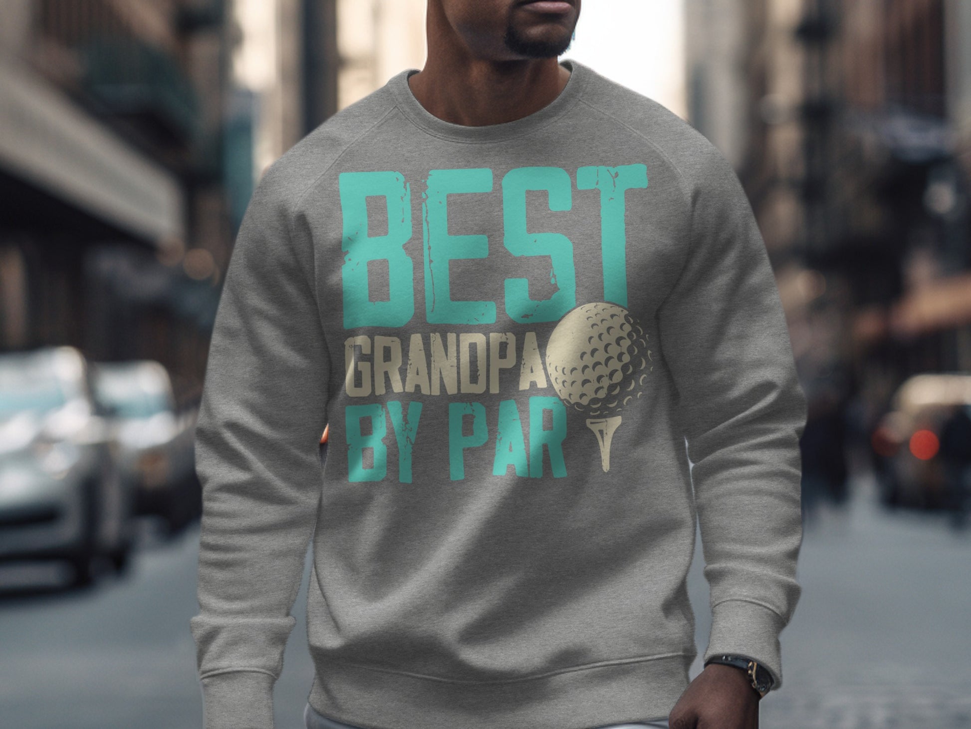 Grey sweatshirt with "BEST GRANDPA BY PAR" text and golf ball graphic.