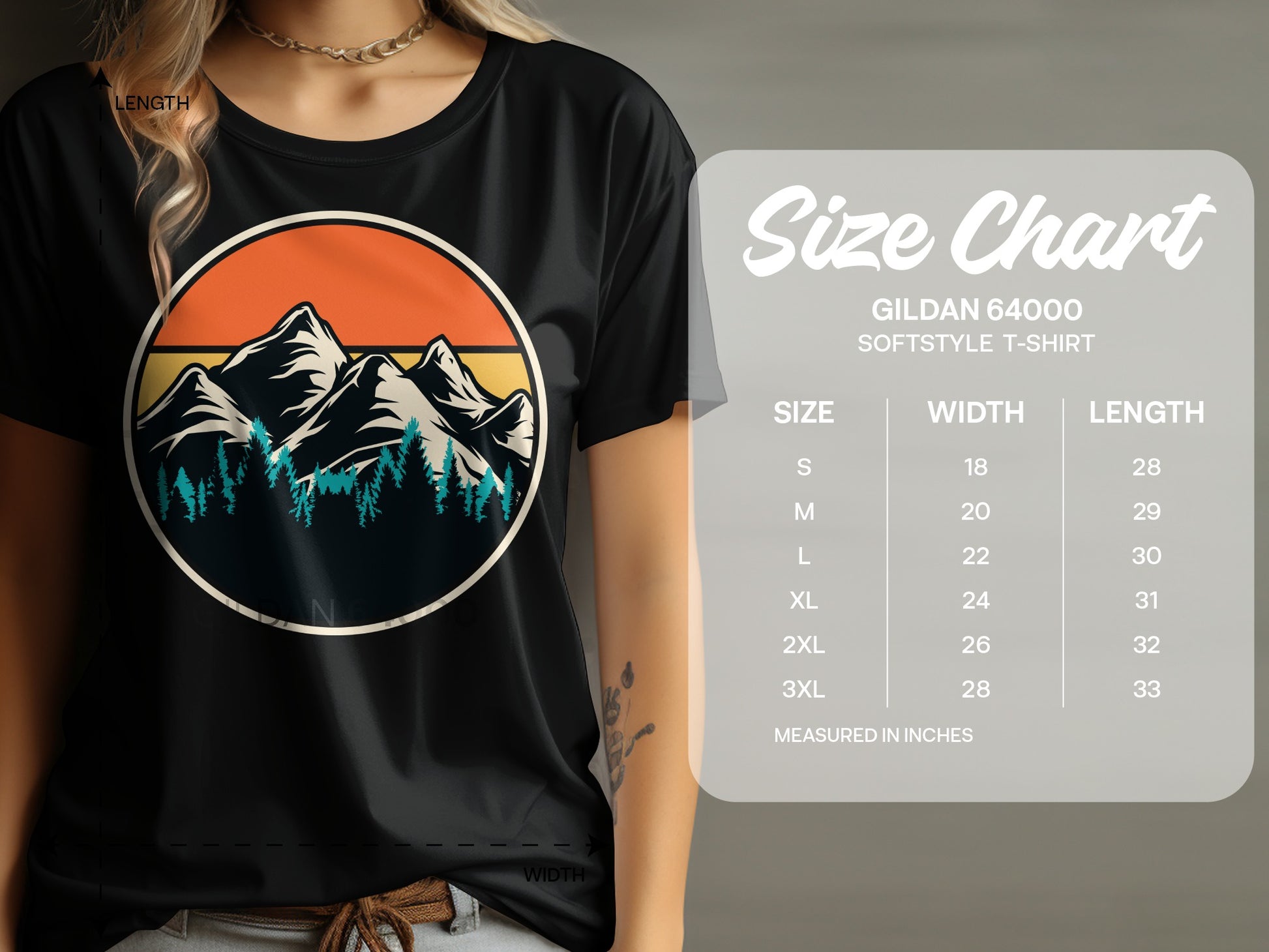 T-shirt size chart for Gildan 64000 Softstyle T-Shirt.