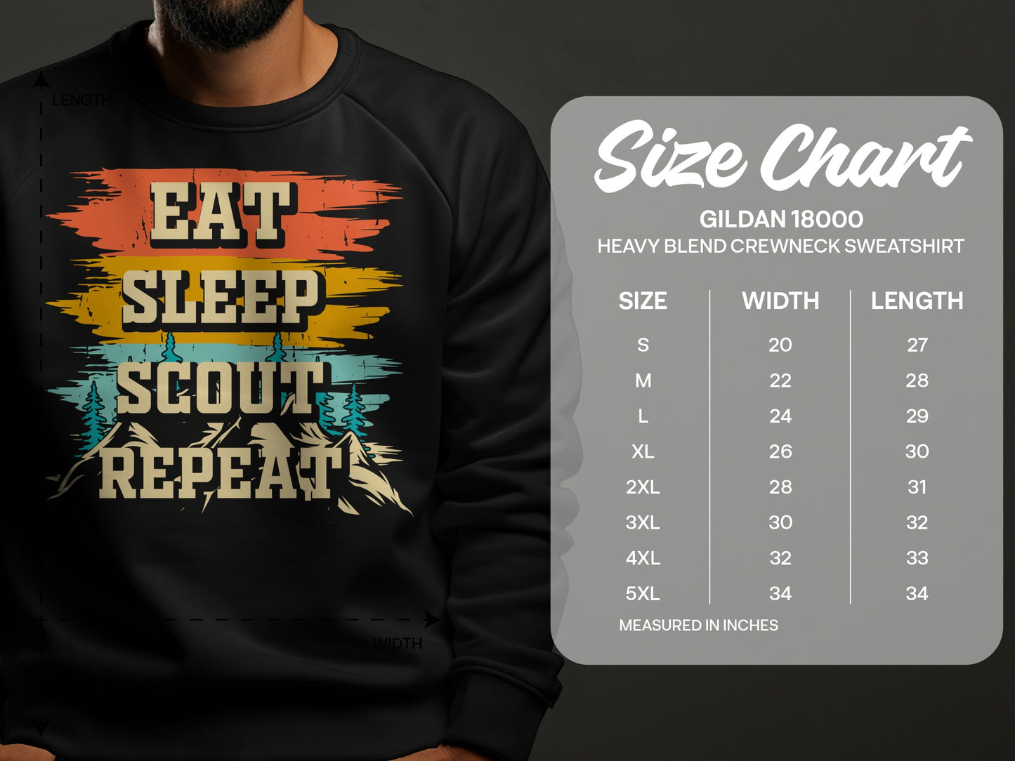 Sweatshirt with "Eat Sleep Scout Repeat" graphic and Gildan size chart.