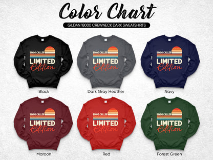 Color chart showing six Gildan crewneck sweatshirts in different colors with "Limited Edition" text.