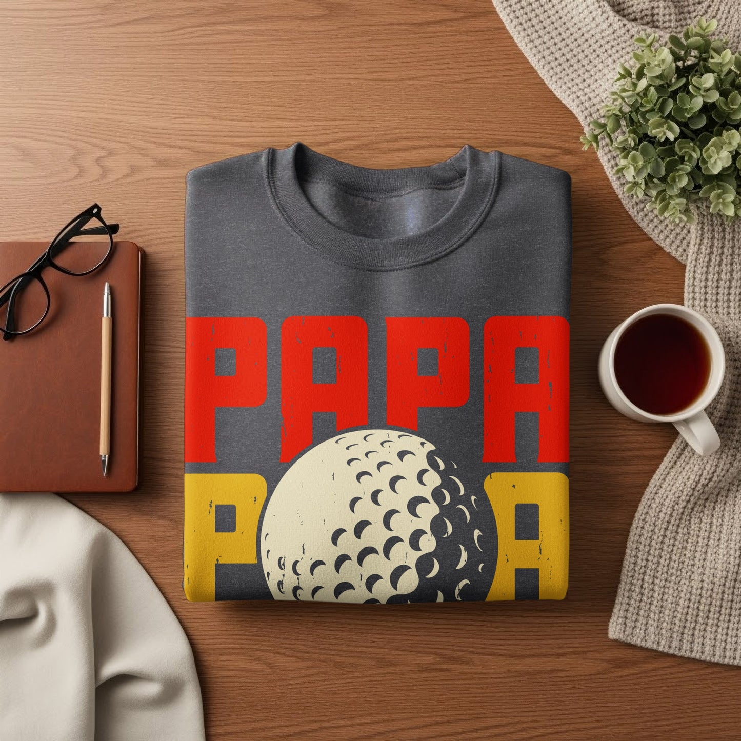 Dark gray sweatshirt with "PAPA GOLF" text and golf ball graphic.