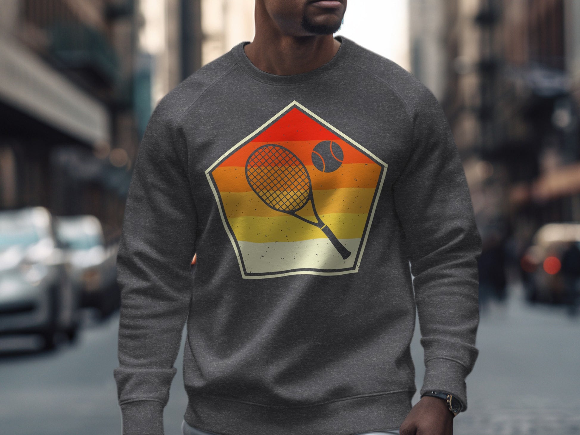 Dark gray sweatshirt with a retro tennis graphic featuring a racket and ball.