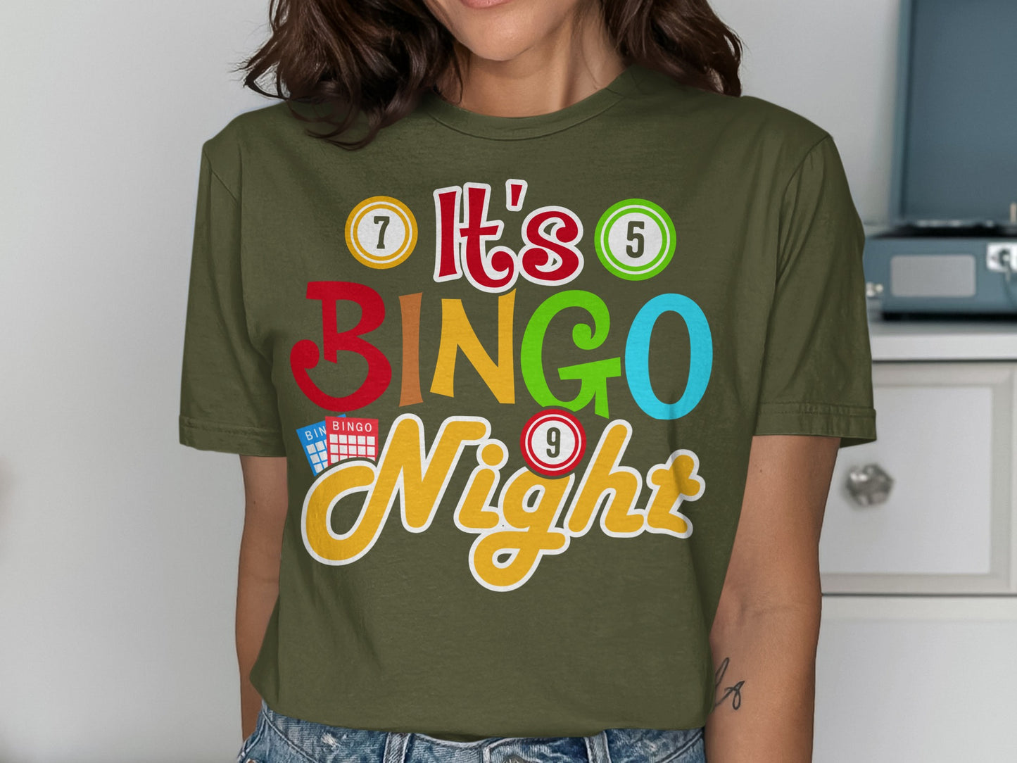Green t-shirt with "It's Bingo Night" text and bingo balls.