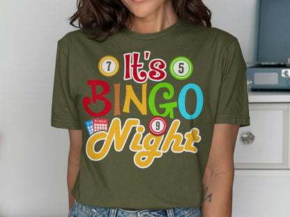 Green t-shirt with "It's Bingo Night" text and bingo balls.