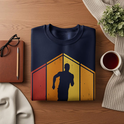 Dark navy sweatshirt with a vintage runner graphic and rustic sunset background.